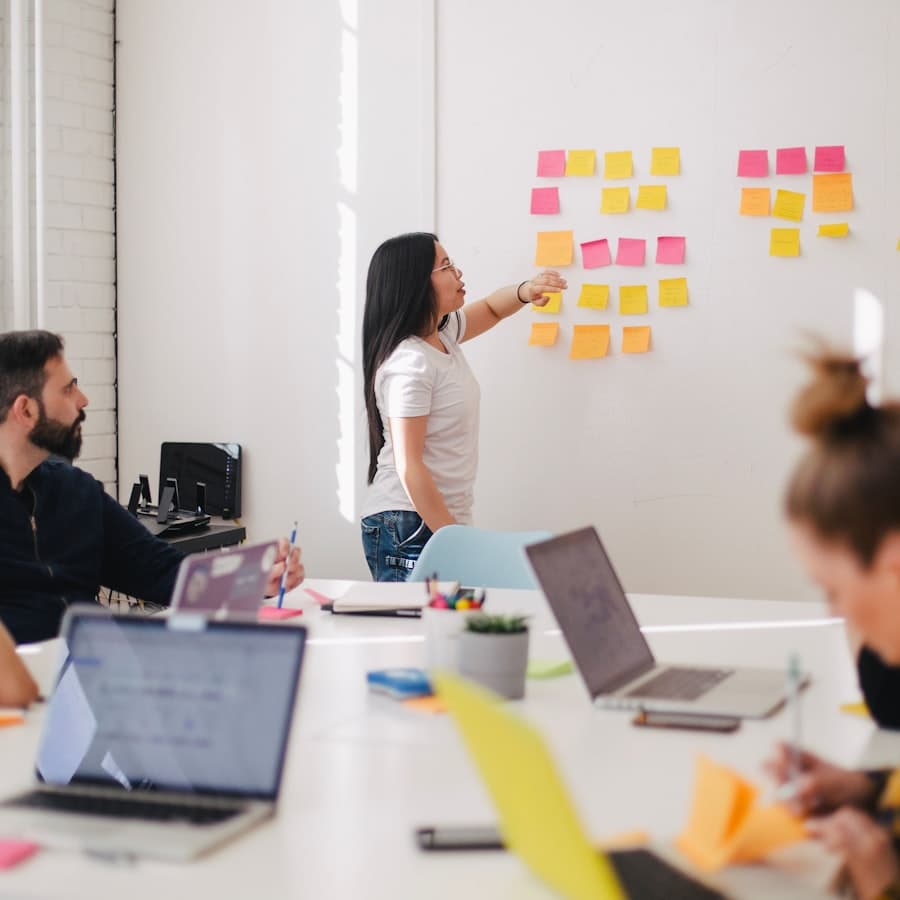 Advisory team planning strategy at a whiteboard